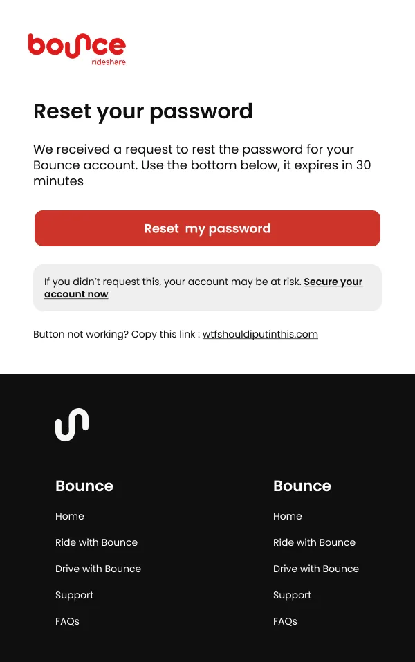 Bounce email: reset password