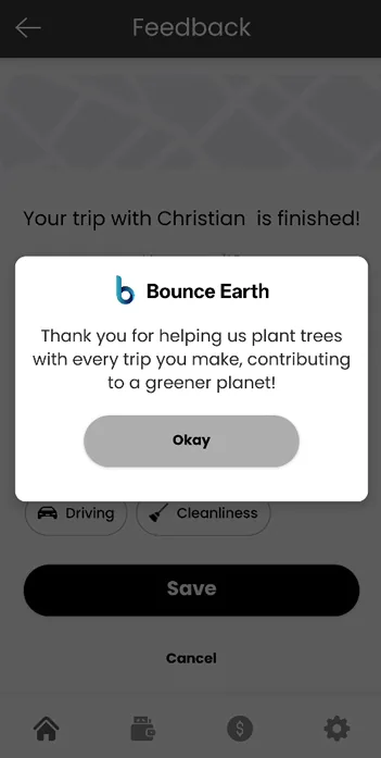Old Bounce driver app screen: feedback bounce earth