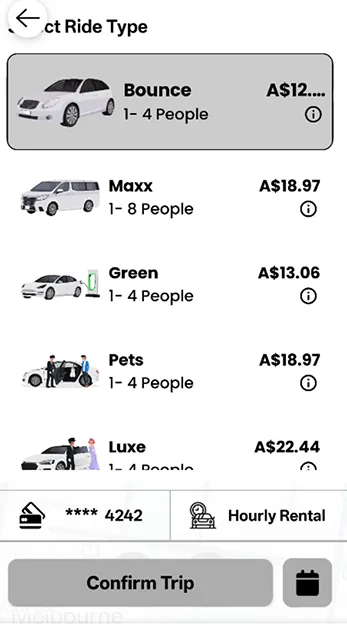 Old Bounce rider app screen: select ride type
