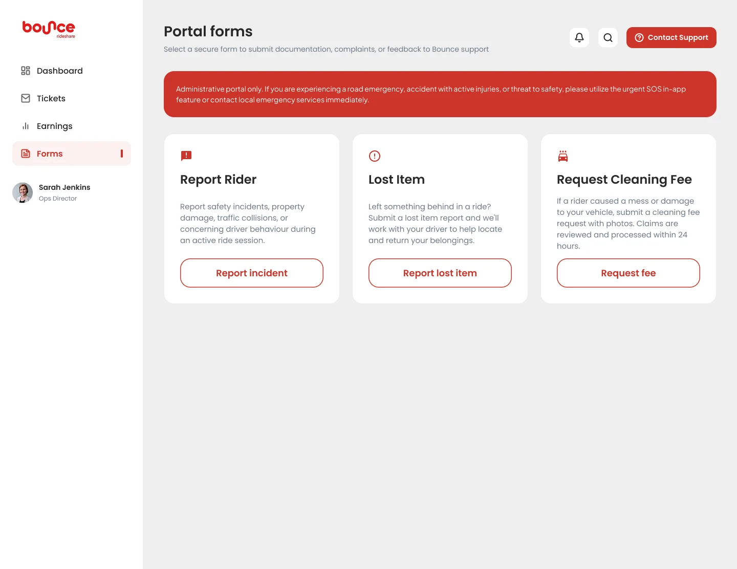 Driver portal, Forms page