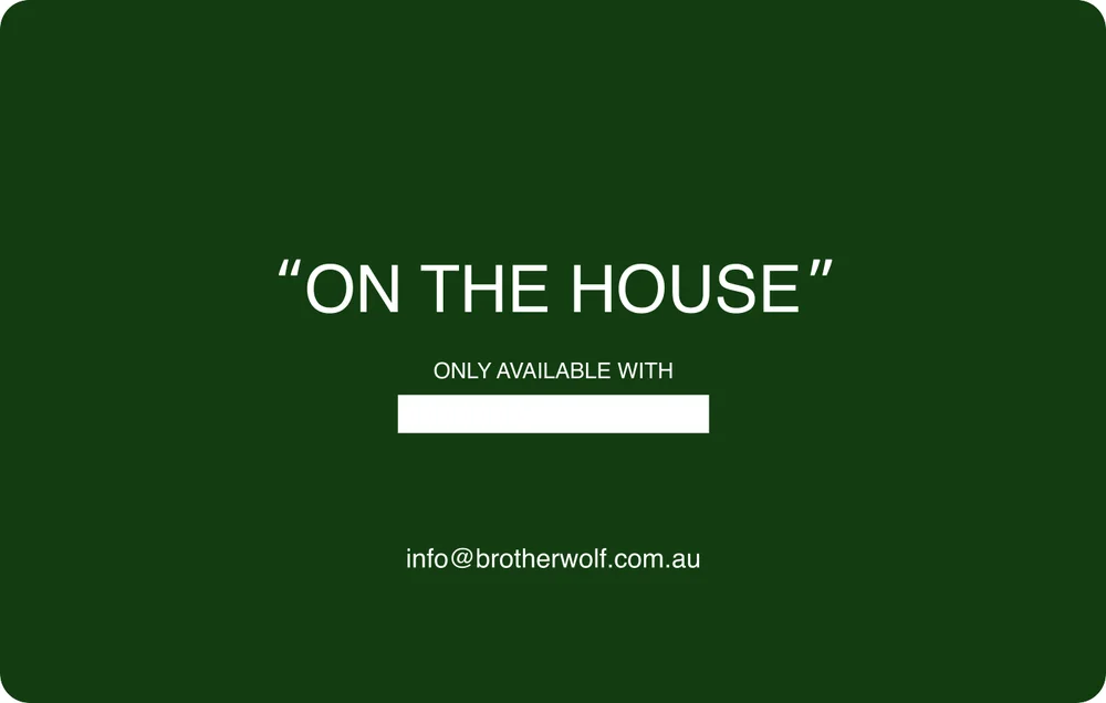 Brotherwolf green business card reading On the house