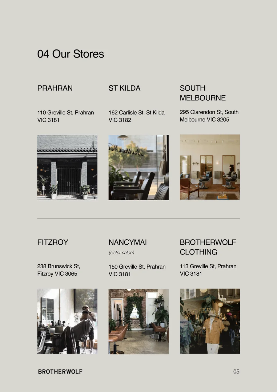 Handbook page: Our Stores, with photos of each shop