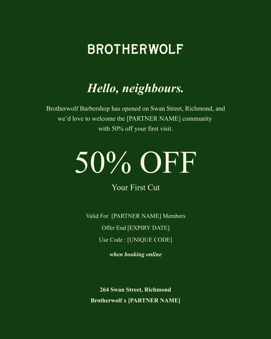 Brotherwolf Barbershop 50 percent off first cut offer template for partner communities