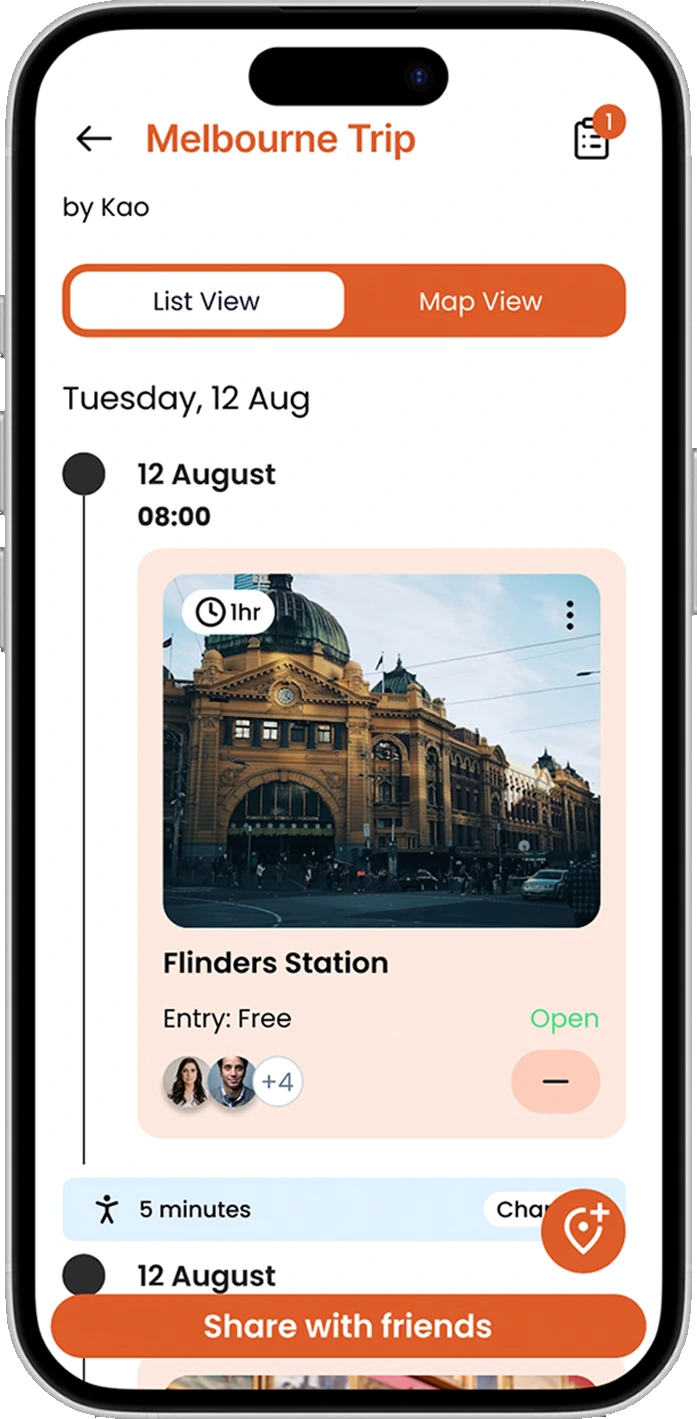 SweetSpots Melbourne Trip itinerary: saved places on a timeline with time, distance and a Share with friends button