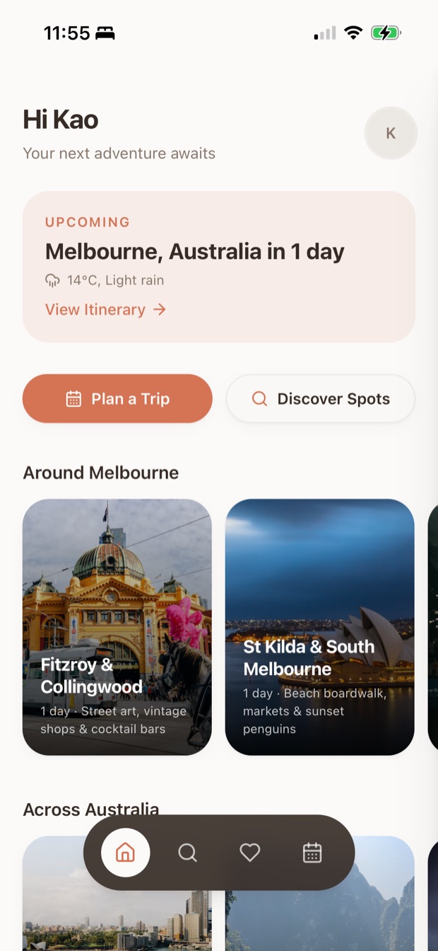 SweetSpots current home: upcoming Melbourne trip, Plan a Trip and Discover Spots buttons, and ready-made day itineraries around Melbourne