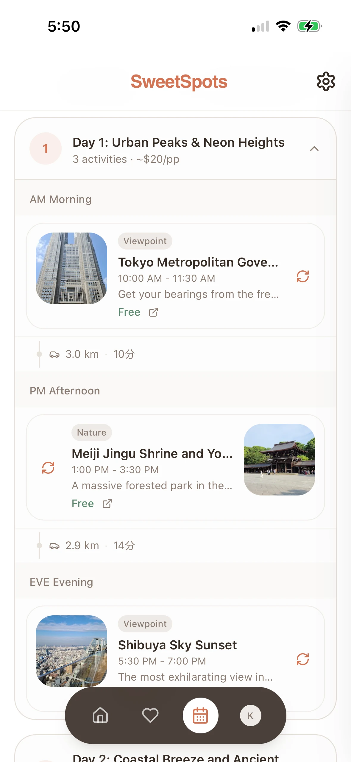 SweetSpots day-by-day itinerary with morning, afternoon and evening activities